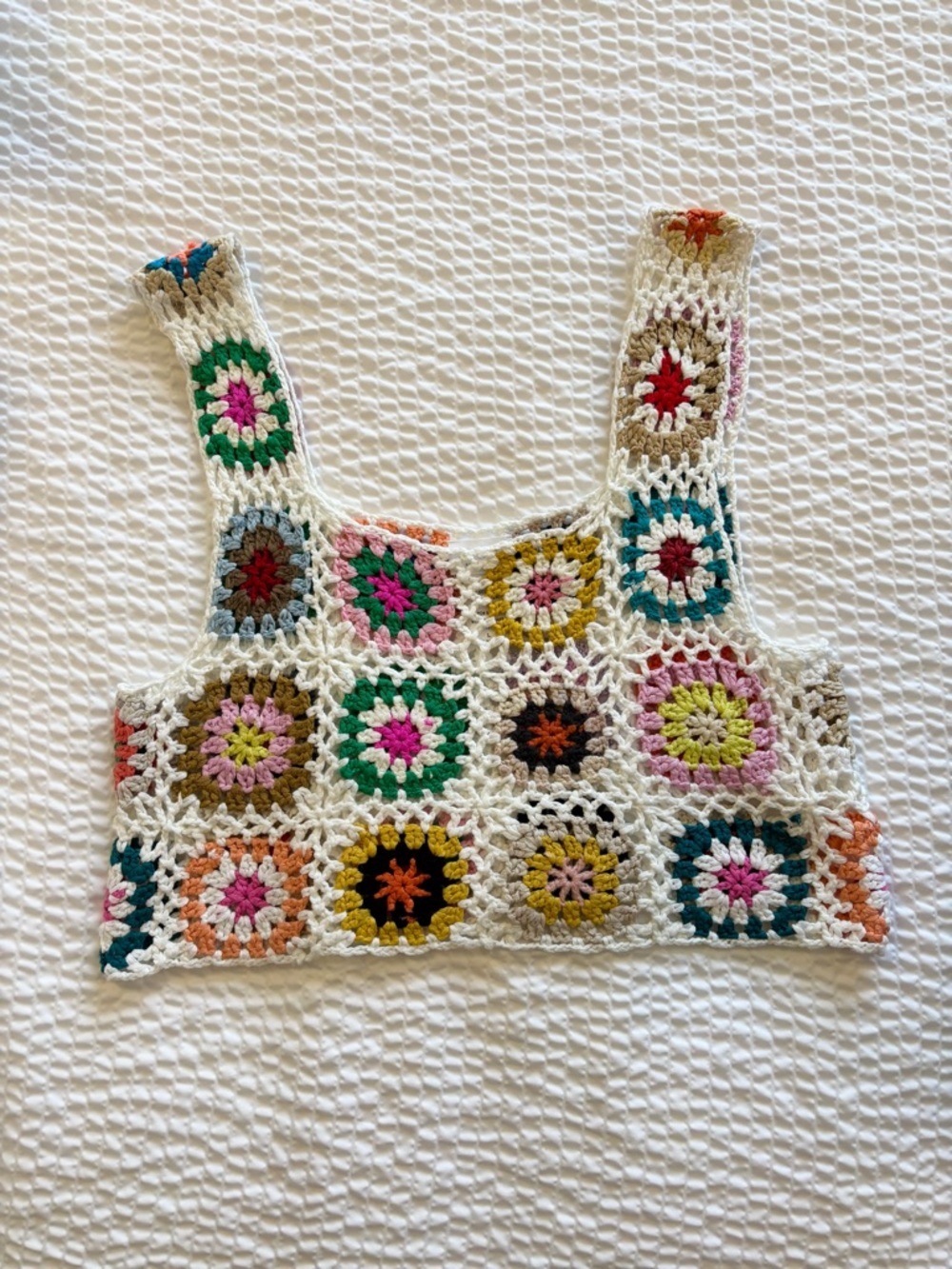 Le Lis Crochet Patchwork Tank Top in Cream with Multicolor Motifs